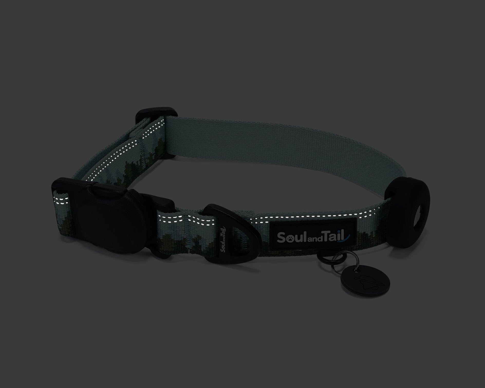 Reflective dog collar with 'Soul and Tail' branding on a dark background