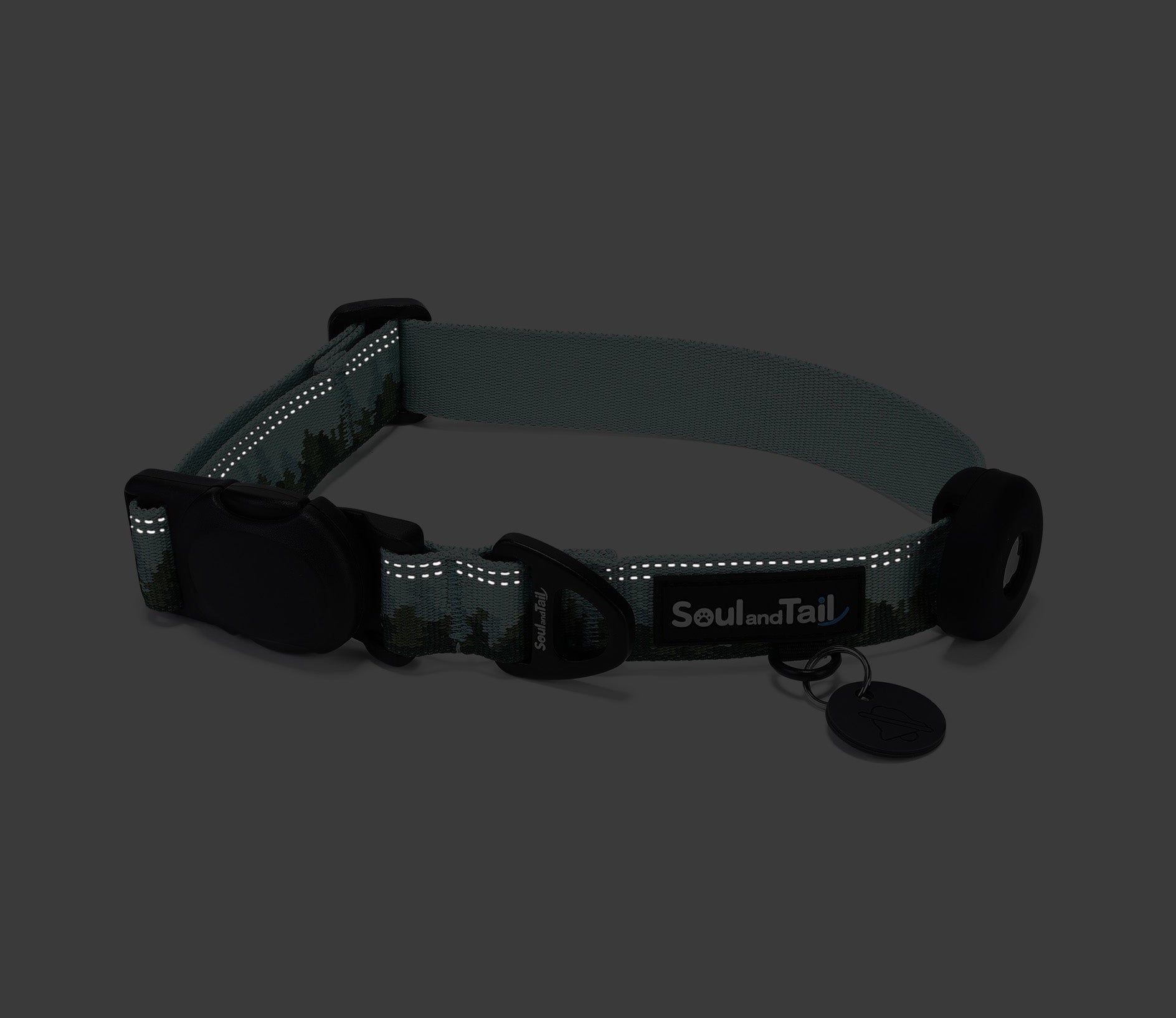 Reflective dog collar with 'Soul and Tail' branding on a dark background