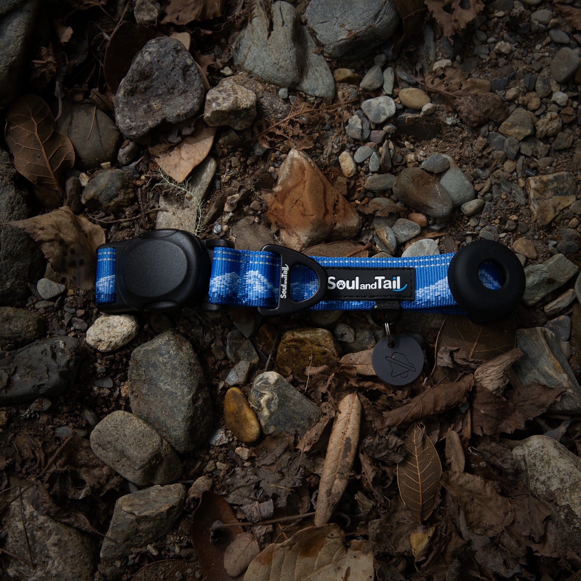 A blue dog collar with black magnetic buckle on a rocky ground